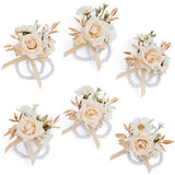 6Pcs Champagne Wrist Corsage For Wedding, Artificial Flowers Roses Wrist Corsage For Prom Homecoming Party Accessories For Bride Bridesmaids, Mother Of Bride And Groom