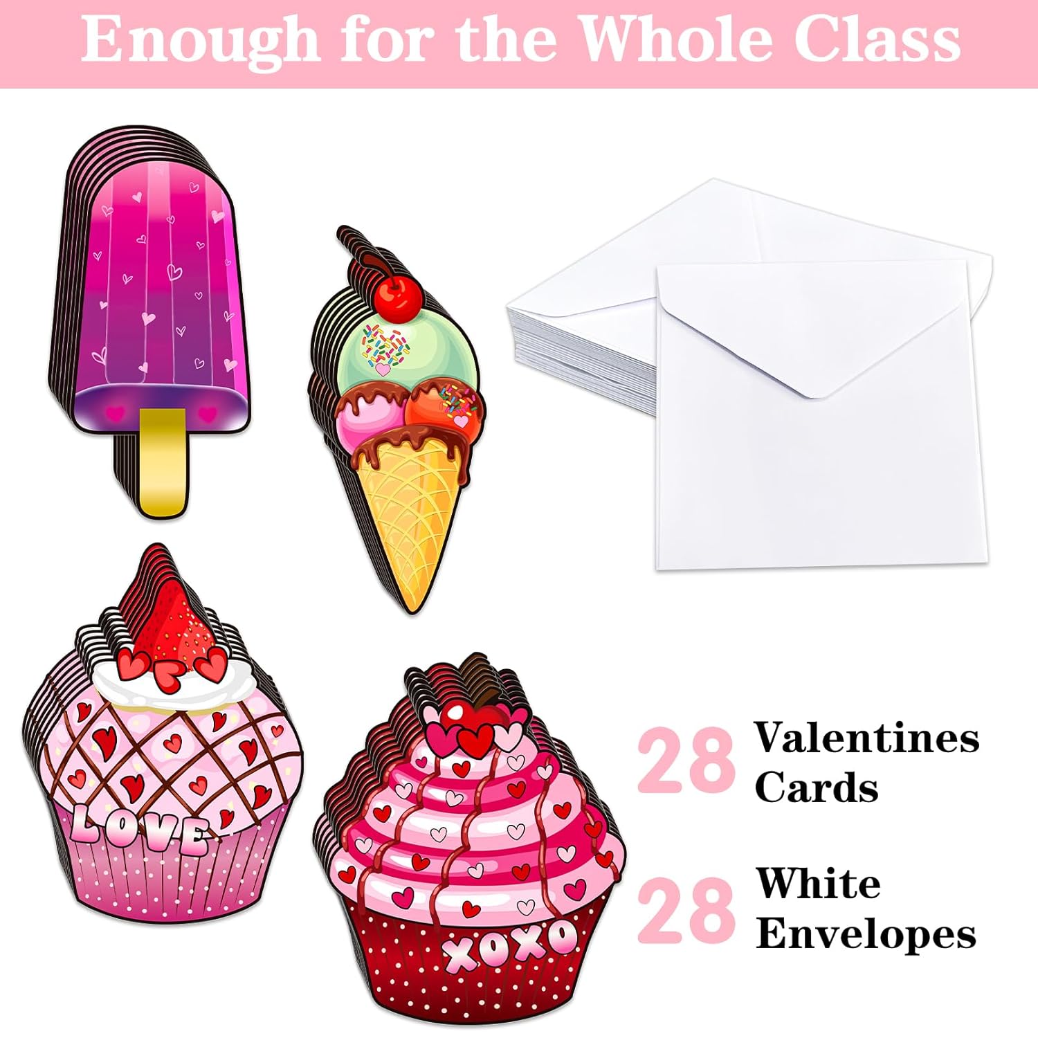 Valentines Cards For Kids Classroom 28 Pack - Cupcake & Ice Cream Sweet Valentines Day Cards With Envelopes For School Party, Gift Exchange | Cute, Funny Cards For Boys And Girls