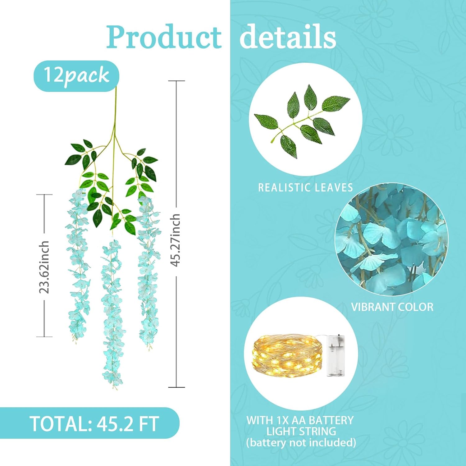 12 Pack Teal Wisteria Hanging Flowers Garland With Lights, 3.77 Feet Artificial Flower Vines, Fake Wisteria, Artificial Vines Hanging Garland For Backdrop Outdoor Patio Garden Decor