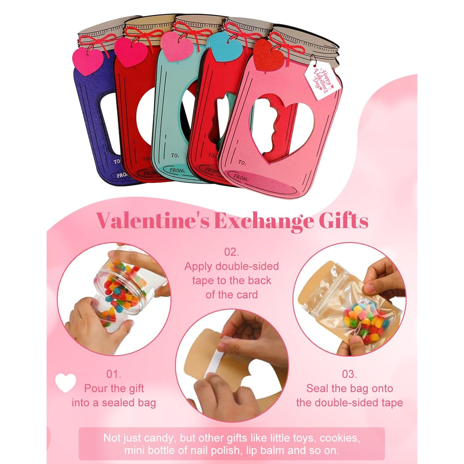 Valentine'S Day Cards For Kids, 50-Pack Classroom Exchange Mason Jar Valentine Cards Bulk, Candy Holder Gift Cards With Treat Bags, Funny Diy Valentines Gifts For Boys Girls School Friends Teacher