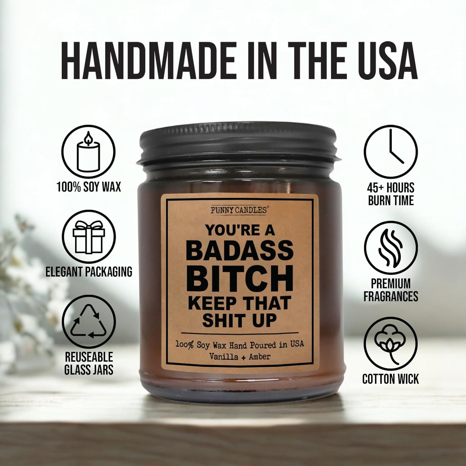 You’Re A Badass - - Scented Candle Gift For Women, Vanilla Sandalwood Scent, 9 Oz Amber Jar, 50+ Hr Burn, Best Friend Birthday Gifts For Women, Anniversary, Friendship, Motivation