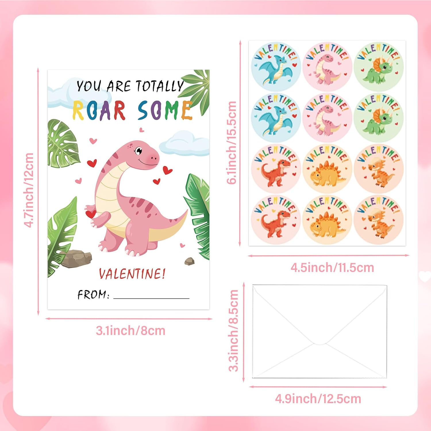 24 Pack Valentines Day Cards For Kids Classroom School Dinosaur Valentines Day Gifts Dino Greeting Cards With Envelopes & Stickers Crafts For Boys Girls Toddlers Valentine'S Party Favor