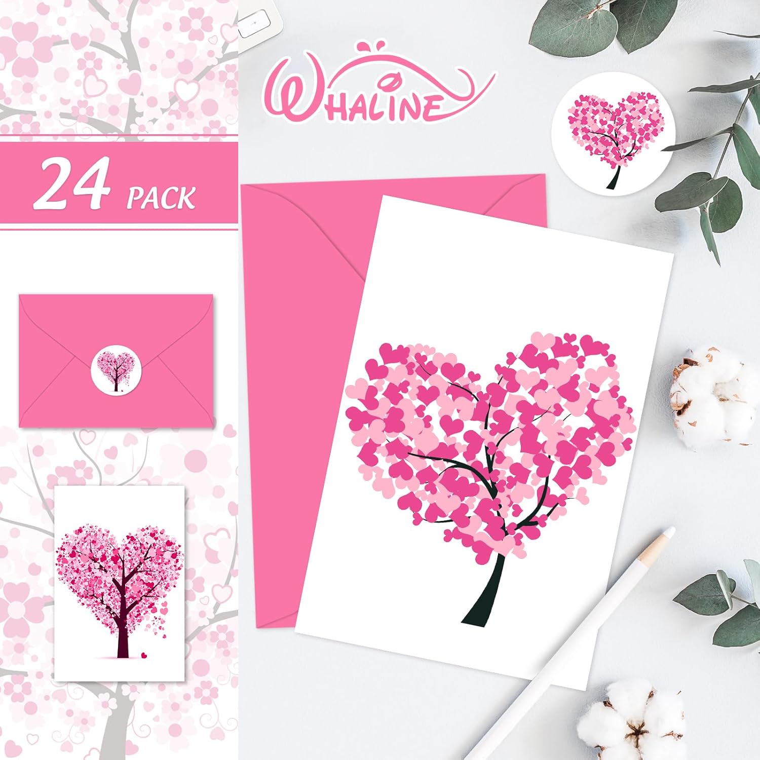24 Pcs Valentine'S Day Greeting Cards Blank Note Cards With Envelopes And Stickers Pink Heart Tree Greeting Cards For Invitations Party Supplies, 4 X 6 Inch