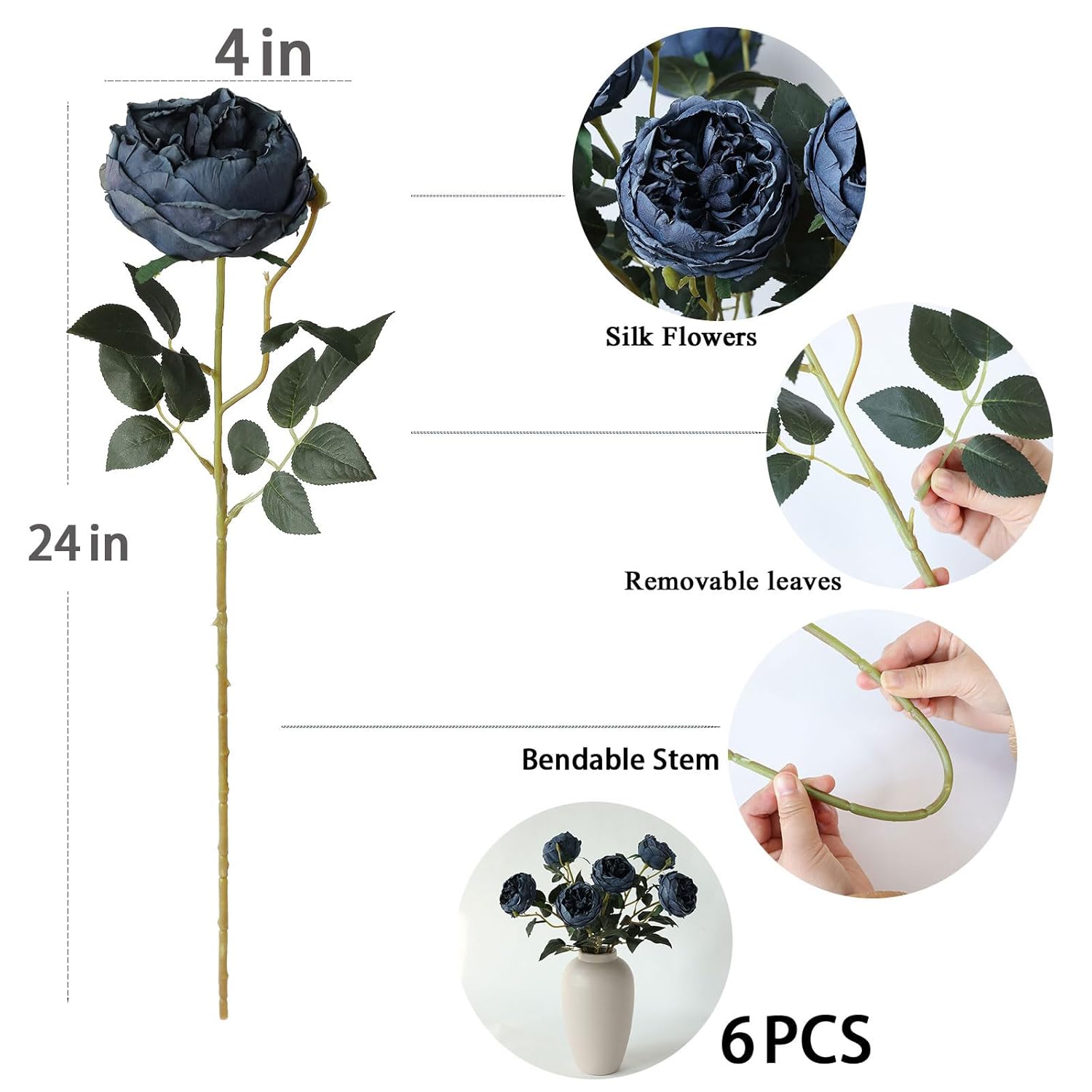 6Pcs Burnt Blue Artificial Roses Flowers Fake Silk Roses Flower With Long Stem For Wedding Decorations Table Centerpieces Flower Arrangement Home Decor (Burnt Blue)