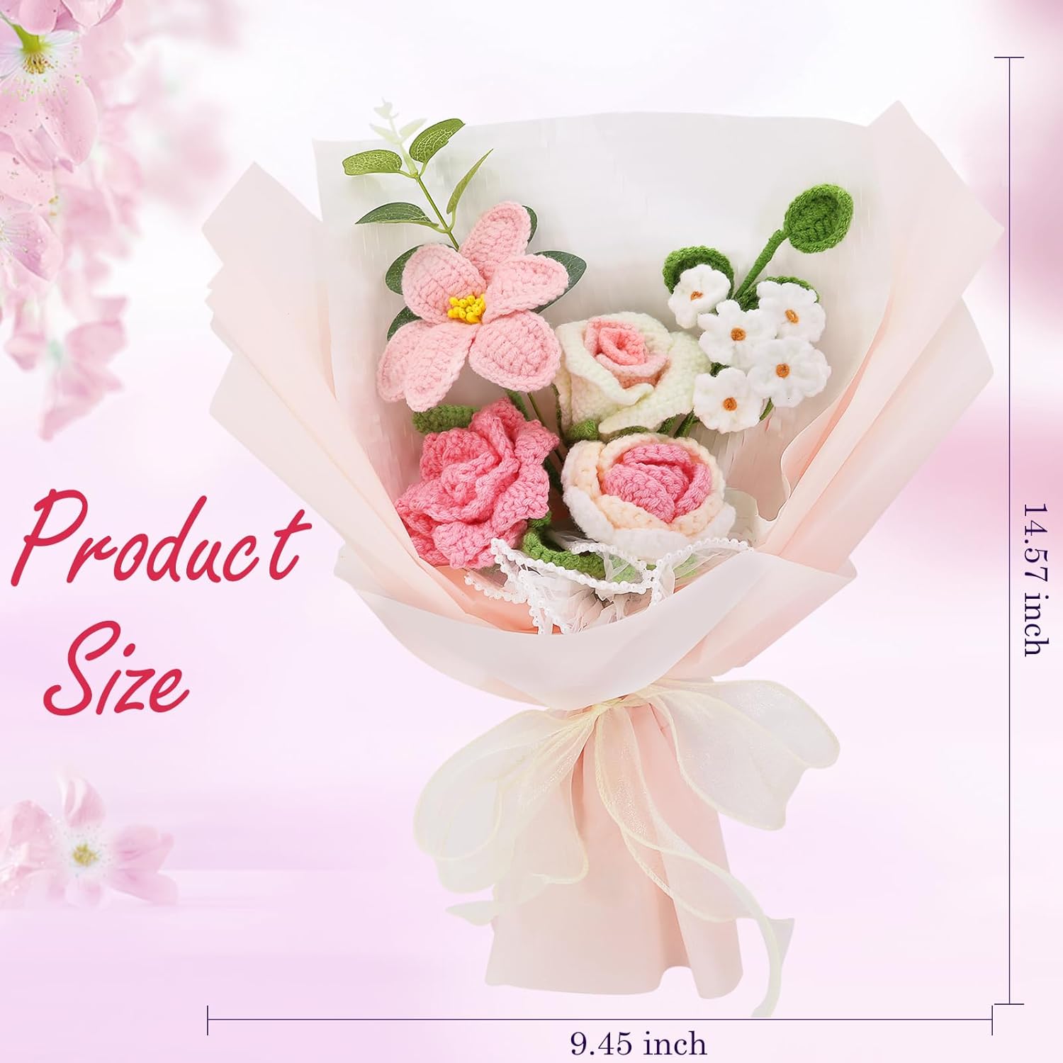 Crochet Flowers Crochet Bouquet Handmade Crochet Rose Bell Orchid Suitable Tulip Fern Leaf As A Gift For Lover, Family,Friends. Artificial Flower Finished Bouquet (Pink)