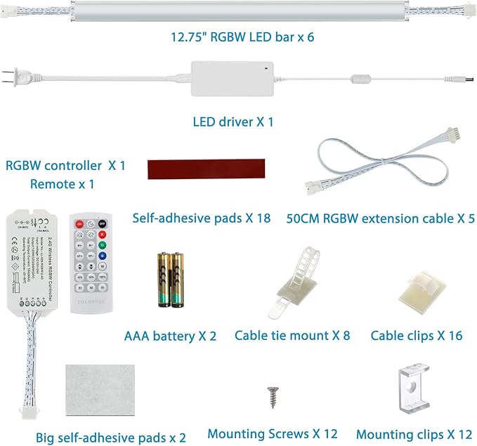 Under Cabinet LED Lights Kit RGB Color Changing 5000K White Dimmable 6 Linkable Light Strips with Remote