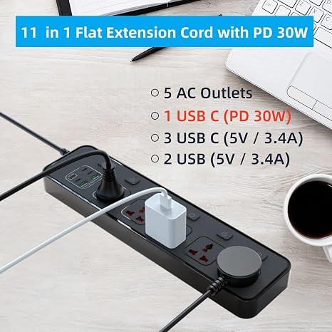 30W PD USB C Power Strip 5 Universal Outlets 6 USB Ports 6 Ft Cord 3000W