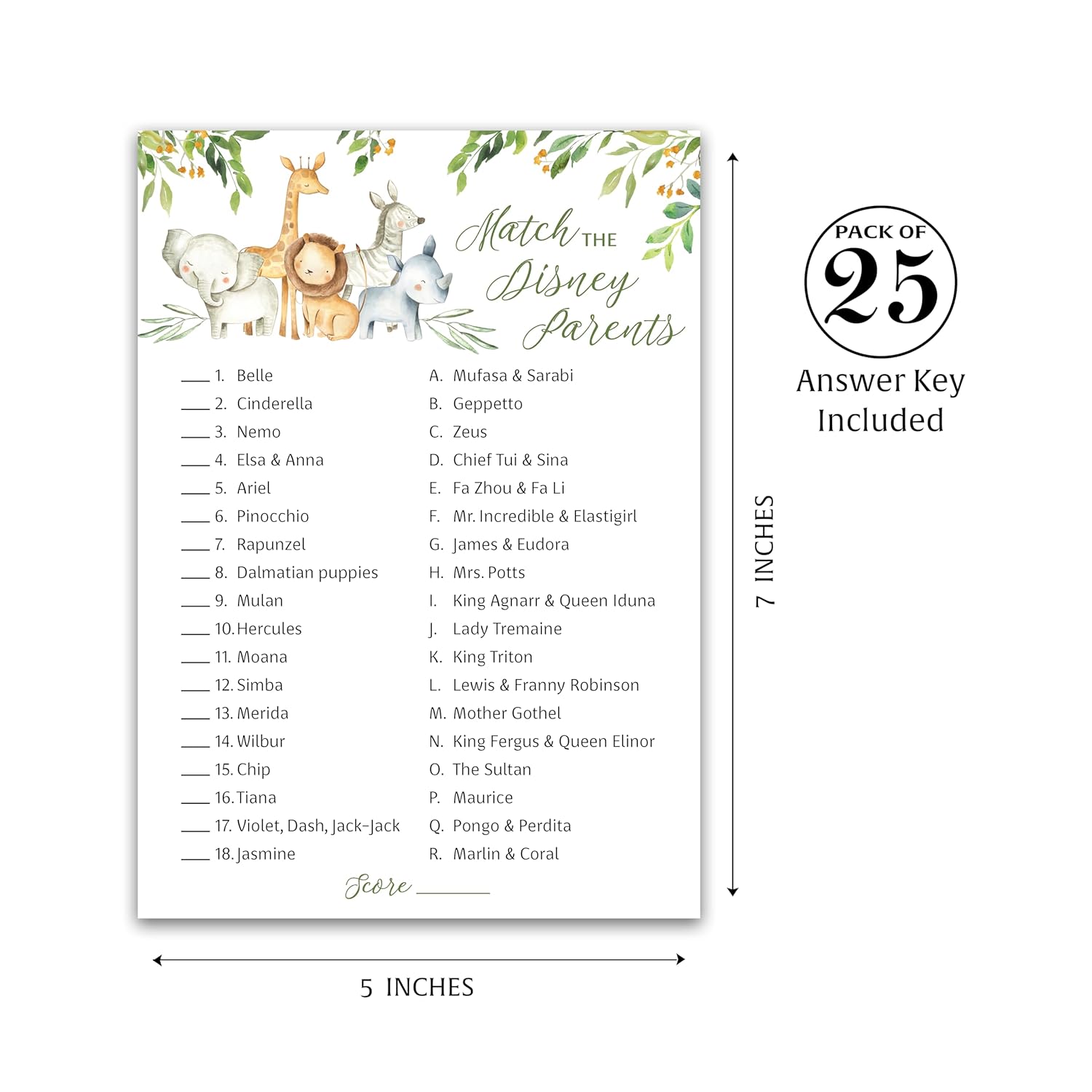 Safari Animals Match Cartoon Parents Baby Shower Games — Pack Of 25 —Forest Jungle Animal Games, Match Famous Parents Fun Shower Activity, Star Kids Match Game G550-Dpm
