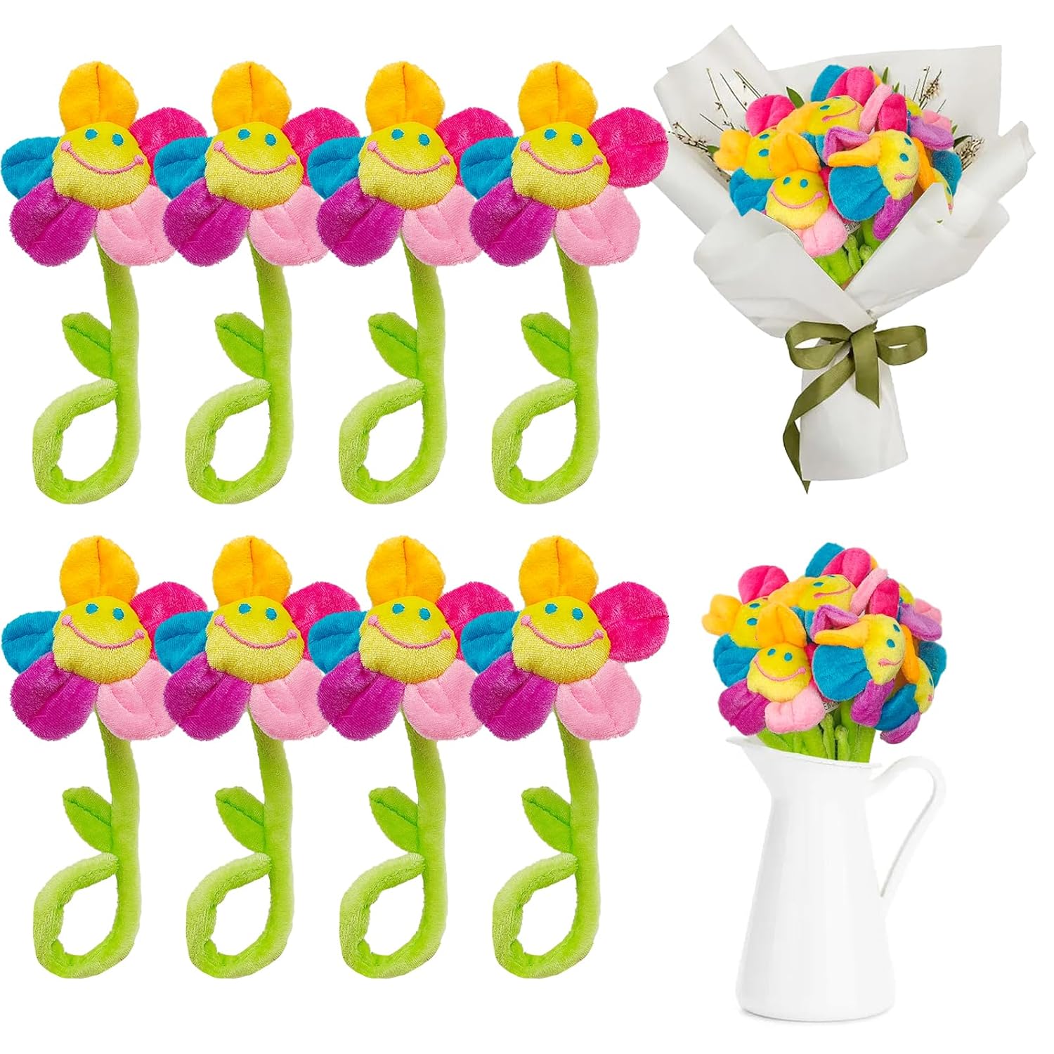 8 Pack Artificial Plush Flowers Colorful Curtain Buckle Tiebacks Cute Big Smile Face Plush Sunflower With Bendable Stems Bouquet For Home Kids Girls