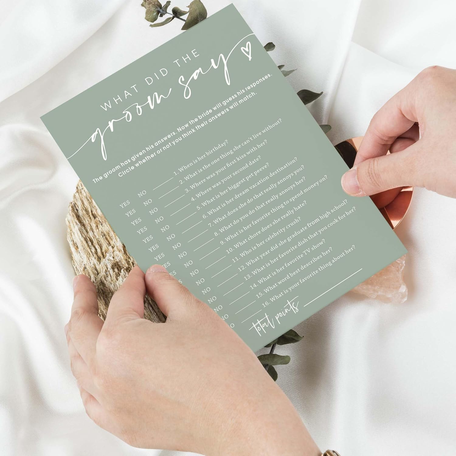 Bridal Shower Games Cards & What Did The Groom Say - 25 Guest Engagement Party Wedding Games - Minimalist Green Wedding Party Supplies - C12