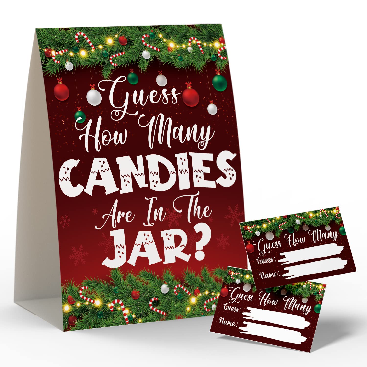 Christmas Party Games - How Many Candies Are In The Jar, 1 Standing Sign + 50 Cards, Christmas Party Ideas, How Many Kisses Game, Christmas Party Games For Kids / Cm008