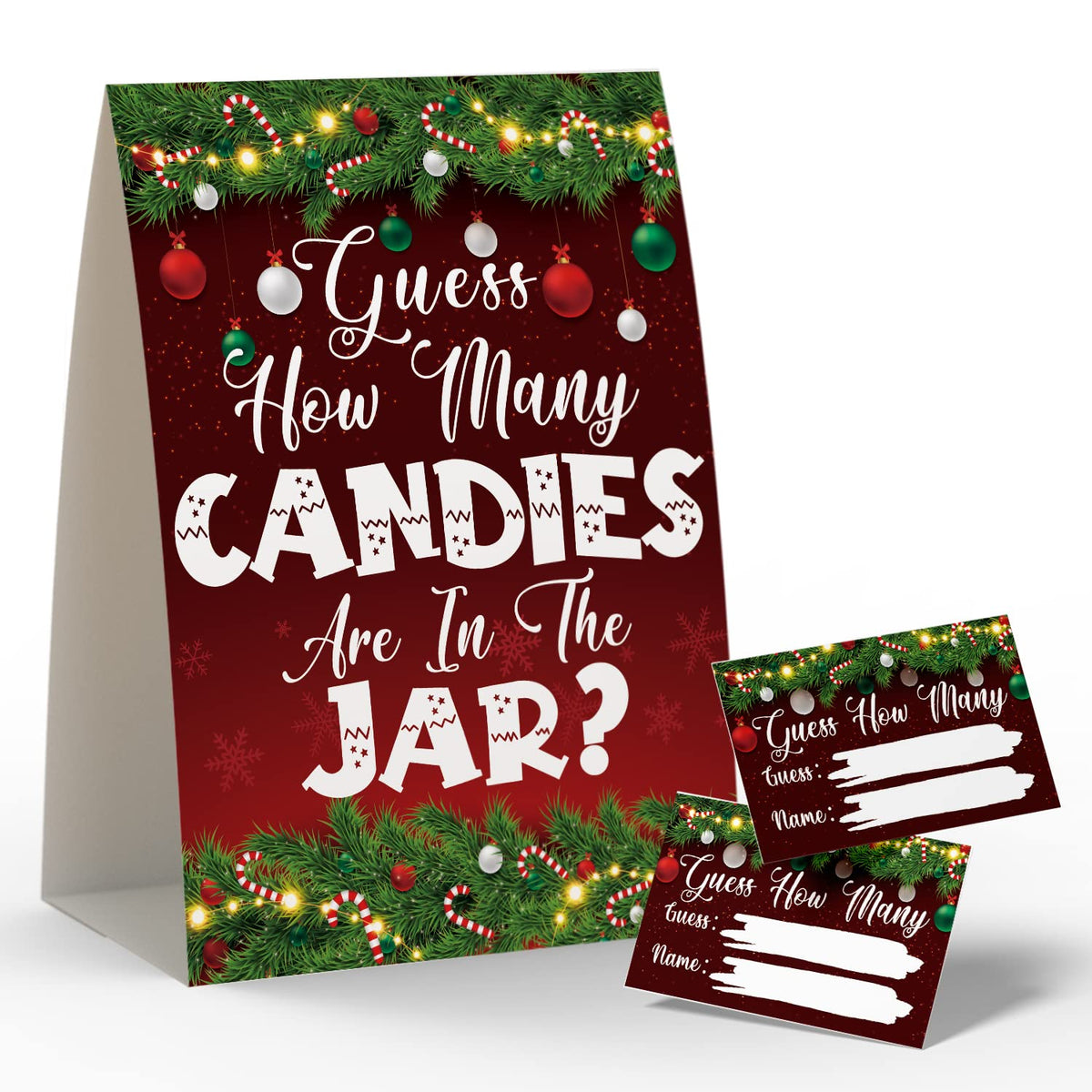 Christmas Party Games - How Many Candies Are In The Jar, 1 Standing Sign + 50 Cards, Christmas Party Ideas, How Many Kisses Game, Christmas Party Games For Kids / Cm008