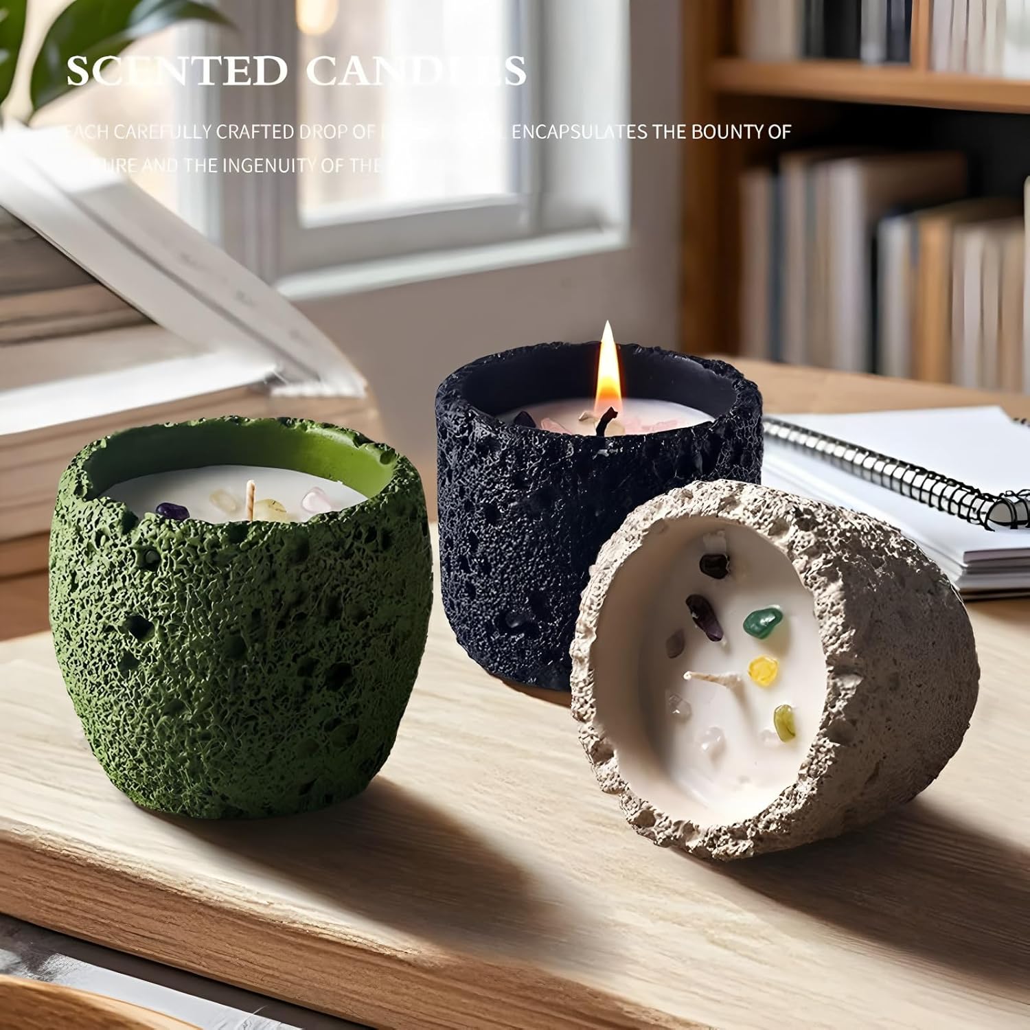 Healing Scented Candle With Crystal,Natural Freesia Essential Oil Soy Wax Aroma Candle For Good Luck,Home Decor & Positive Energy Gifts,Handcrafted Green Stone-Look Container