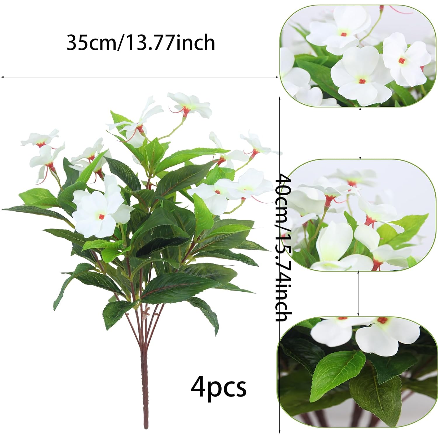 4 Pcs Artificial Flowers Outdoor Impatiens Uv Resistant Silk Impatiens Flowers White Faux Flowers Impatiens Bushes Artificial Impatiens For Pot Patio Lawn Garden Hanging Basket Porch Decor