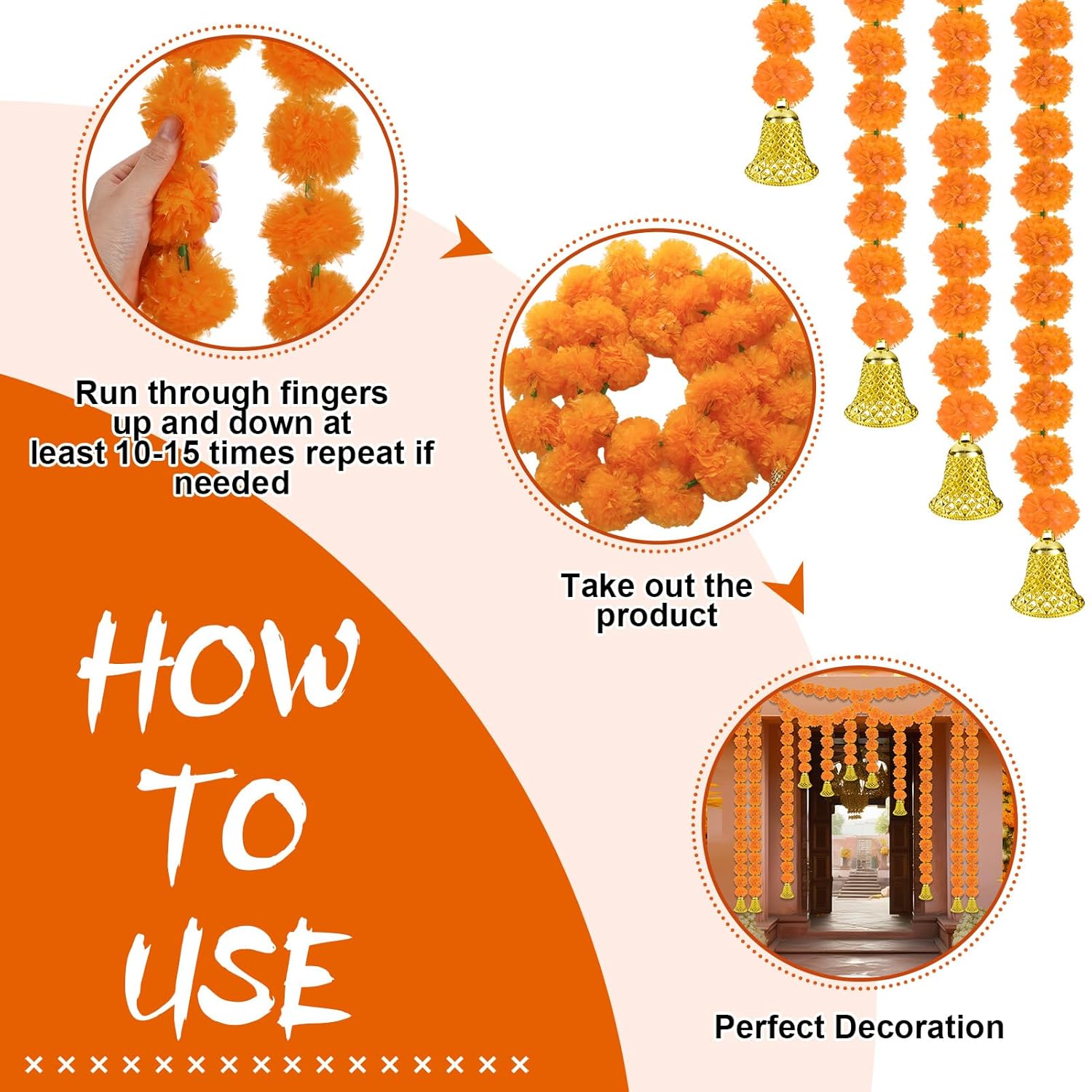 10 Pcs Marigold Garland For Diwali Decoration Pooja Decoration Items Indian 5 Feet Long Artificial Marigold Flowers For Pooj Dia De Los Muertos Varalakshmi Day Of The Dead(Orange)