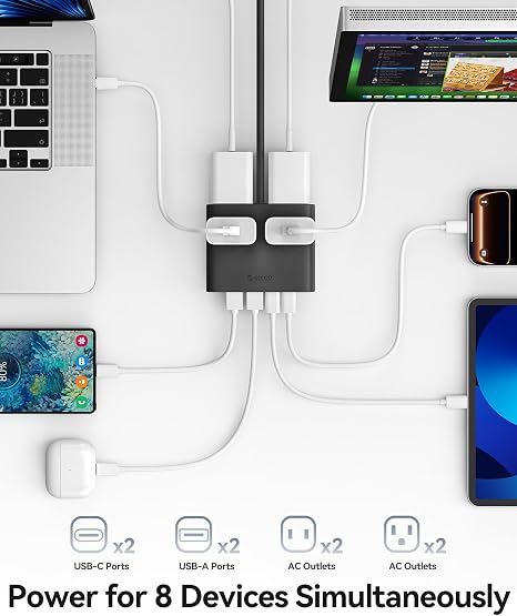 25W GaN Power Strip 4 Outlets 4 USB Ports 2 USB C 5FT Flat Plug Charging Station Black