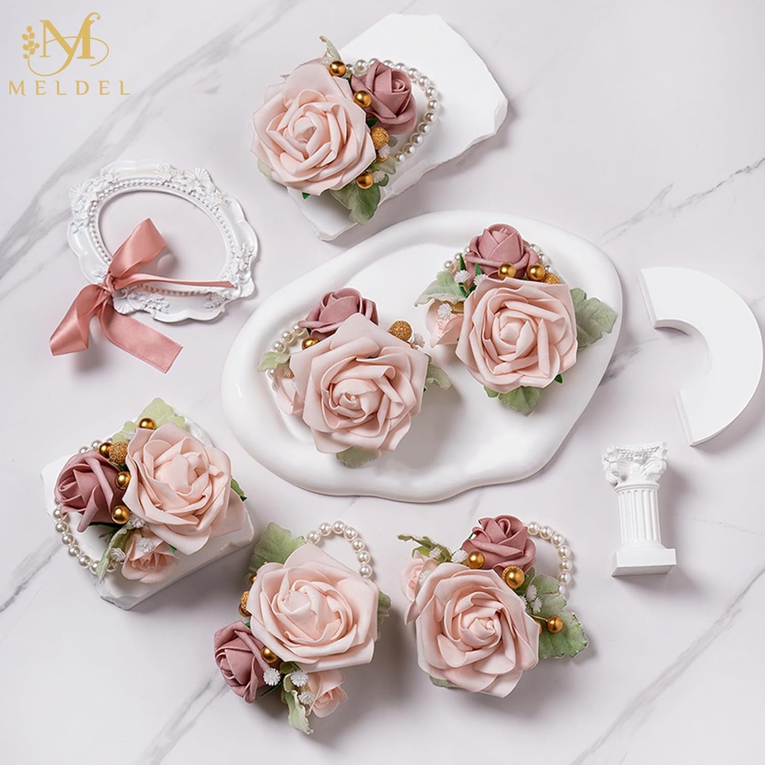 Dusty Pink Wrist Corsage,Set Of 6, Homecoming Wrist Flower Girl/Mother Corsages Wristlet Perfect For Bride Bridesmaids Wedding Guests Hand Flower, Proms, Party, Ceremony Anniversary