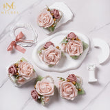 Dusty Pink Wrist Corsage,Set Of 6, Homecoming Wrist Flower Girl/Mother Corsages Wristlet Perfect For Bride Bridesmaids Wedding Guests Hand Flower, Proms, Party, Ceremony Anniversary