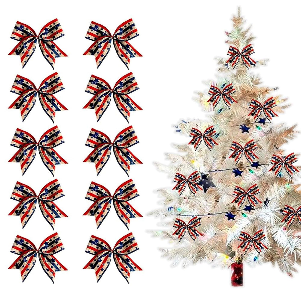10 Pieces Veterans Day Bows For Wreath, Patriotic Wreath Bows Red Blue Natural Burlap Bows American Stars Craft Bows Christmas Decorations Tree Bows For Front Door Supplies
