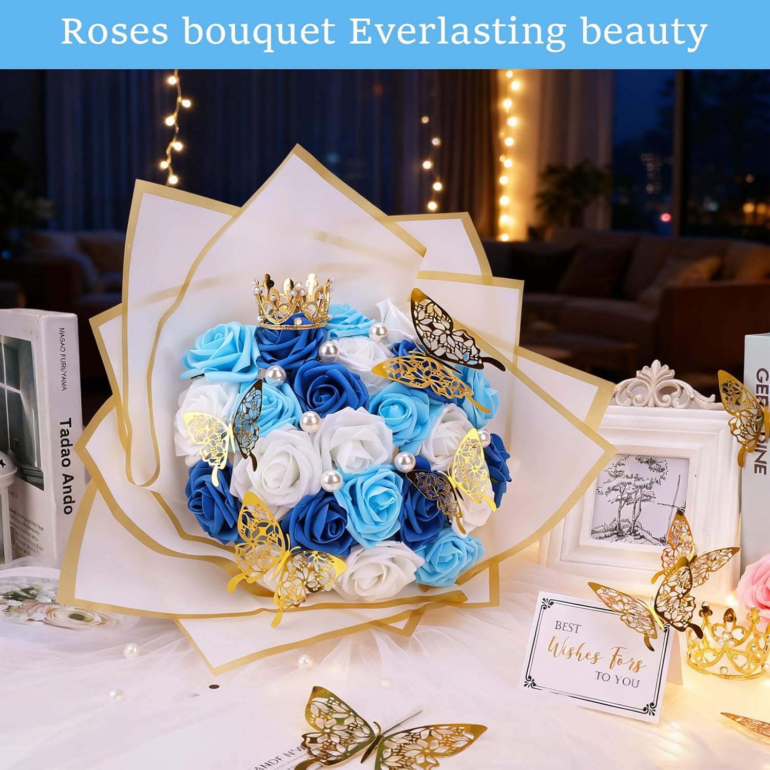 Valentine'S Day Roses Bouquet Kit, Artificial Blue Rose Bouquet Everlasting Flowers Fake Bouquet For Valentines, Anniversary, Engagement, Wedding, Halloween, 24 Roses