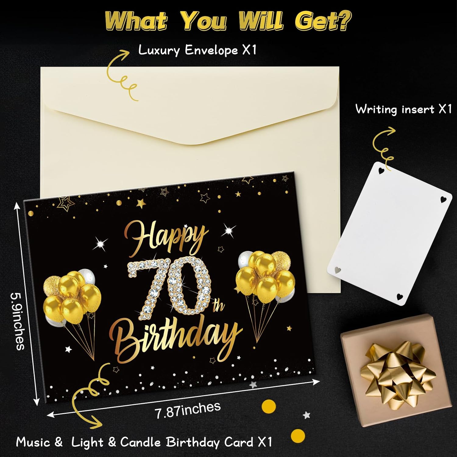 70Th Birthday Cards Pop Up 3D Cake - Firework & Music & Blow Out Candle Light Funny Happy 70 Black Gold Birthday Card Gifts For Men, Women, Friends, Boyfriend, Dad, Mom, Husband, Wife
