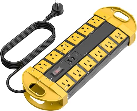 Outdoor Weatherproof Power Strip 12 Outlets USB-C 6FT Cord Yellow