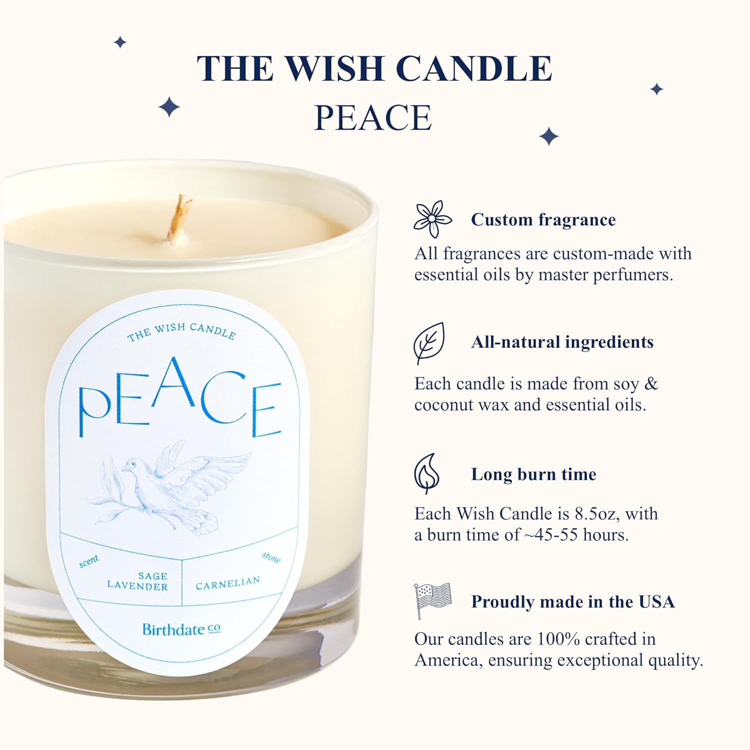 Wish Candle Peace By | Scented Candle W/Stone Crystal | All-Natural Soy & Coconut Wax Blend | Birthday Gift For Women & Men, Long Burn Time Of 45-55 Hours, Made In Usa | 8.5 Oz