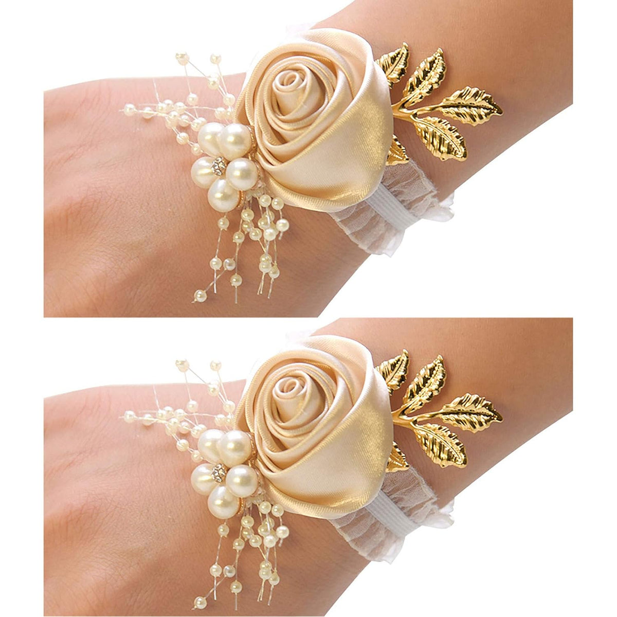 Wrist Corsage 2Pcs Satin Roses Hand Flower Champagne Wedding Bridal Corsage Bridesmaid Wrist Flowers Elastic Wristband For Wedding Prom Party Homecoming Graduation Dancing
