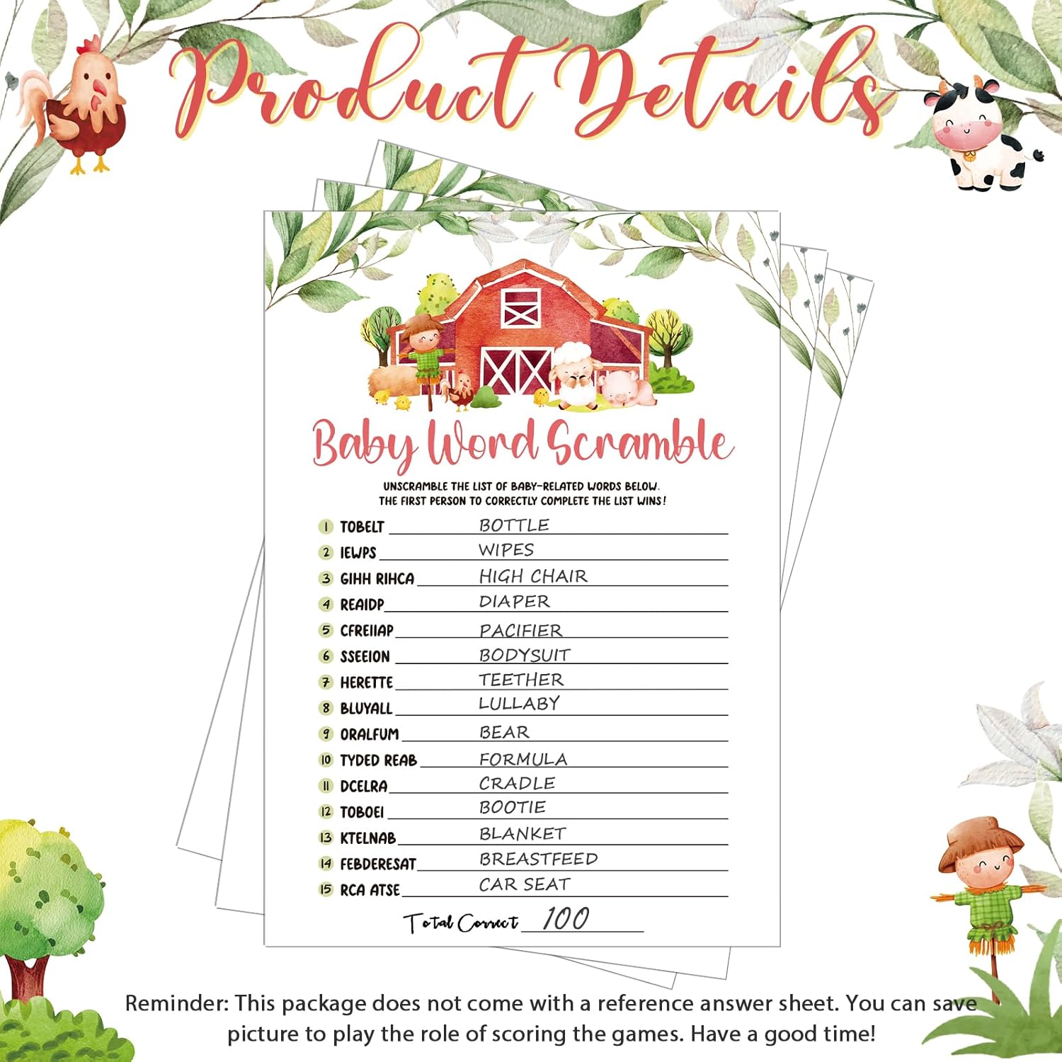 150 Pcs Watercolor Baby Shower Games Set Farm Animals 6 Games With 20 Pieces Pencils For Baby Shower Activities Include Descriptions, Guess Who, Price, Bingo Game, Word Scramble Game