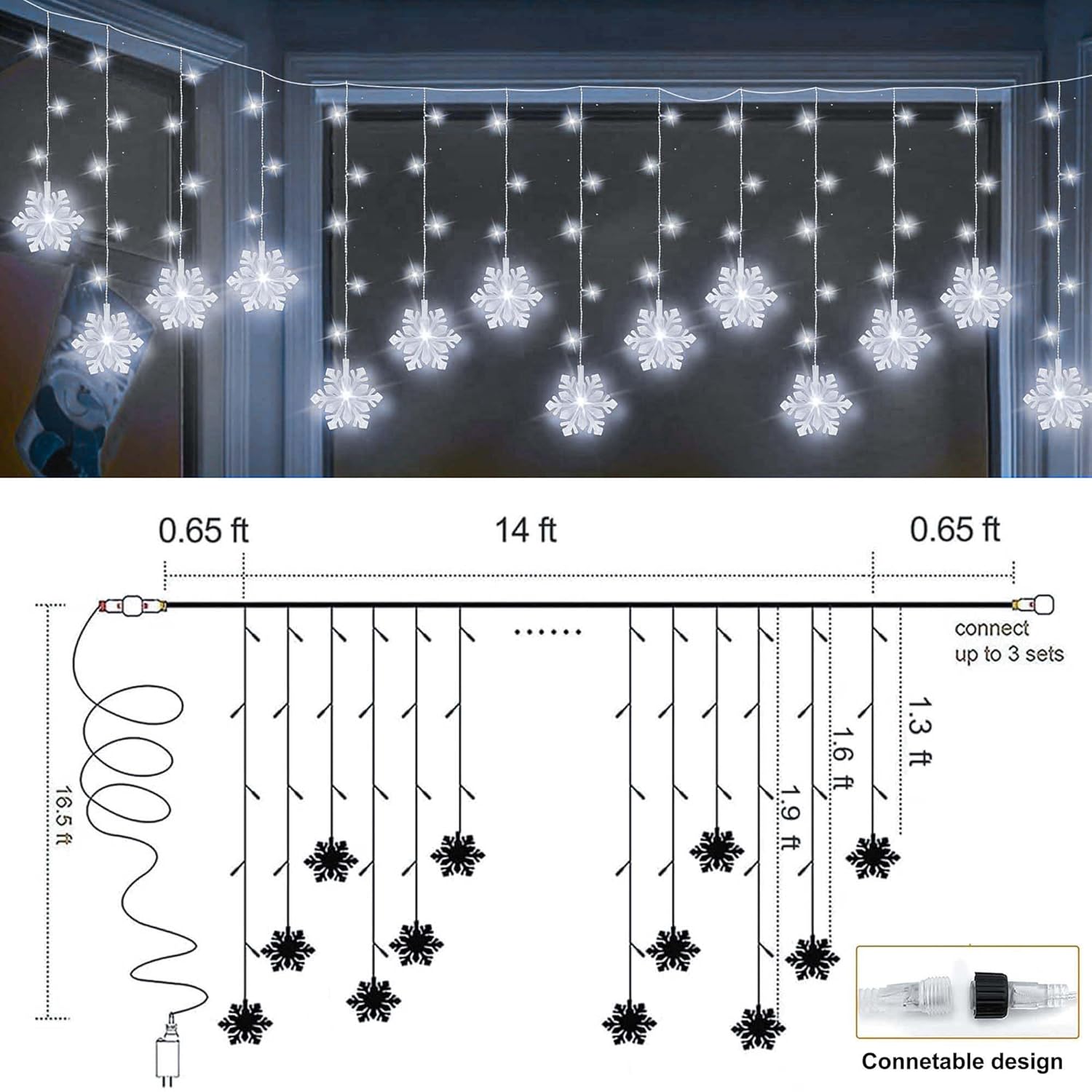 Christmas White Icicle Lights With Snowflake, 150 Led Curtain Lights With 8 Lighting Modes, Plug In Twinkle Lights For H