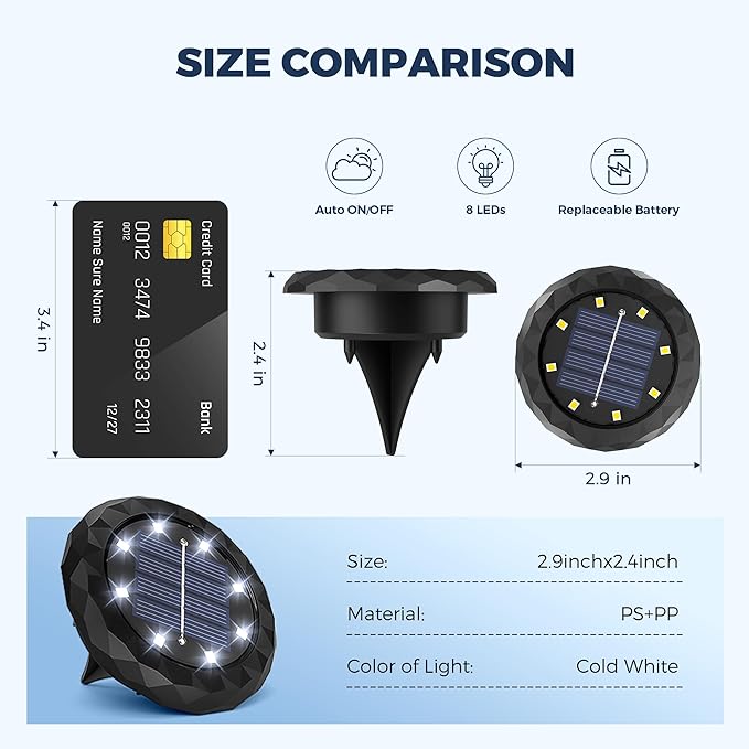 12 Pack Mini Solar Ground Lights Cool White Waterproof Landscape Pathway Lights