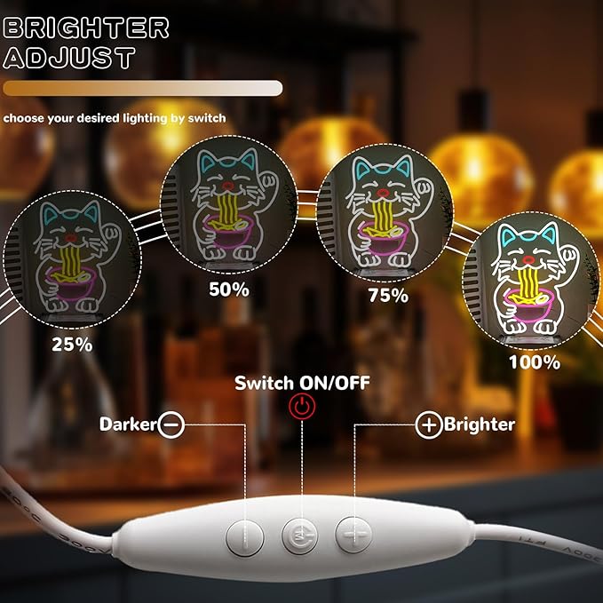 Fortune Cat Ramen Neon Sign Dimmable Lucky Cat LED Wall Decor for Restaurant Kitchen Pub