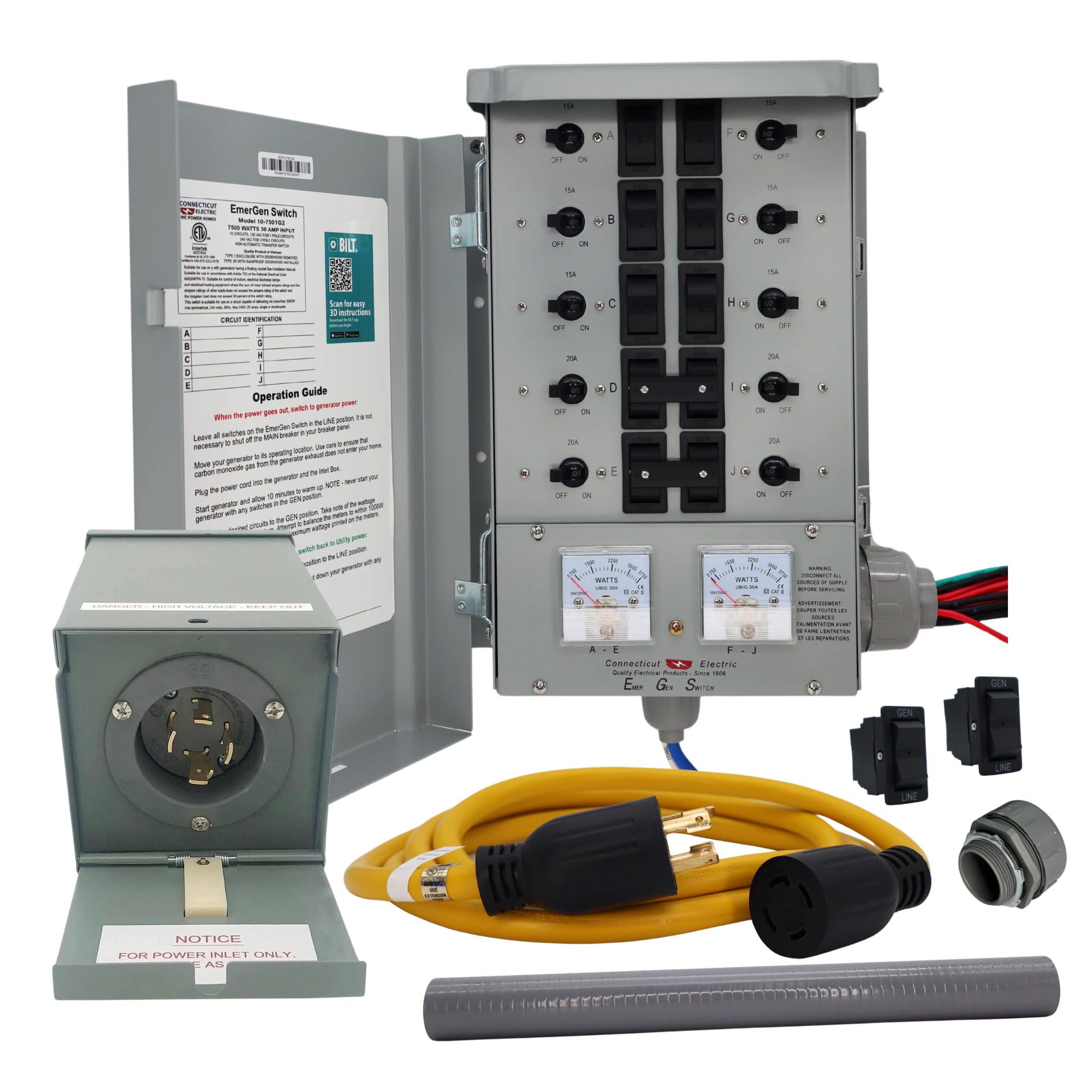 Emergen Transfer Switch, 30 Amp 10-Circuit, 10 Ft Cord, 7,500 W  Service Kit W/ 2 Extra Rocker Switches