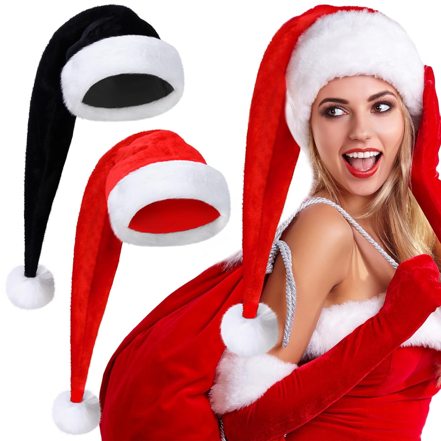 2 Pcs Santa Hat, Adults 30 Inch Black And Red Plush Deluxe Long Christmas Xmas Hat For Festival