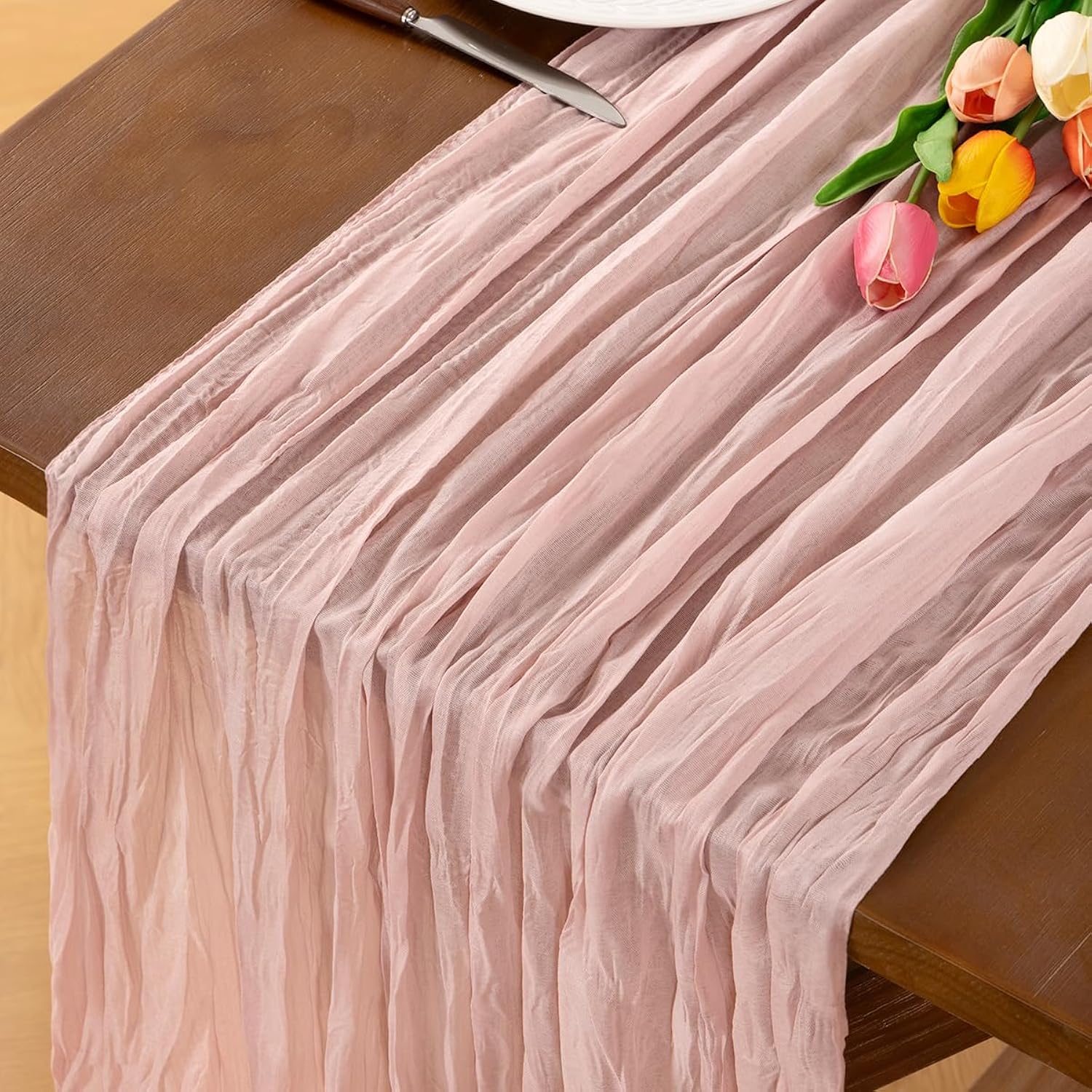 Dusty Pink Boho Rustic Cheesecloth Gauze Table Runner Valentine‘S Day 20"×120" Cheese Cloth Table Runner 10Ft For Winter Birthday Party Wedding Ceremony Baby Shower Holiday Decoration