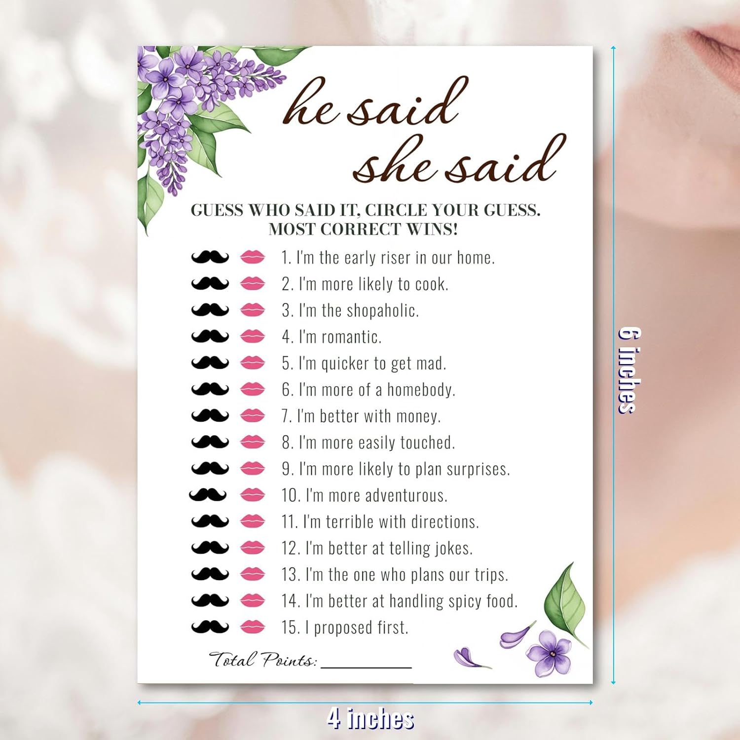 Bridal Shower Party Game Cards - He Said She Said For Wedding Engagement Bachelorette - Romantic Modern Simple Elegant - 30 Pcs 5X7 Inch Ready To Play Instant Fun Purple White Lilac