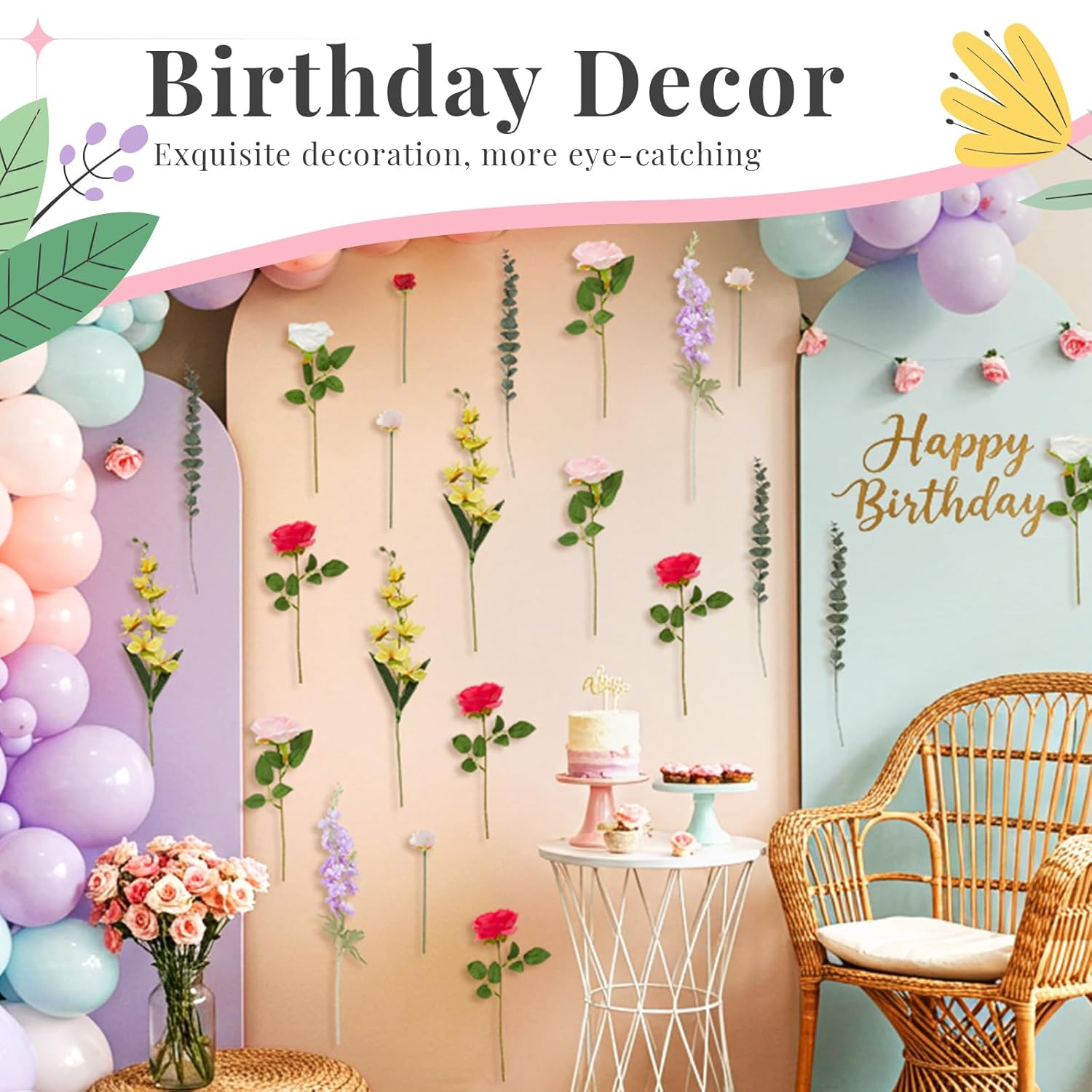 27 Pcs Artificial Wildflowers Large Size Wildflower Birthday Party Decorations For Background Backdrop Fake Flowers With Tape For Baby Shower Wedding Garden Tea Party Supplies