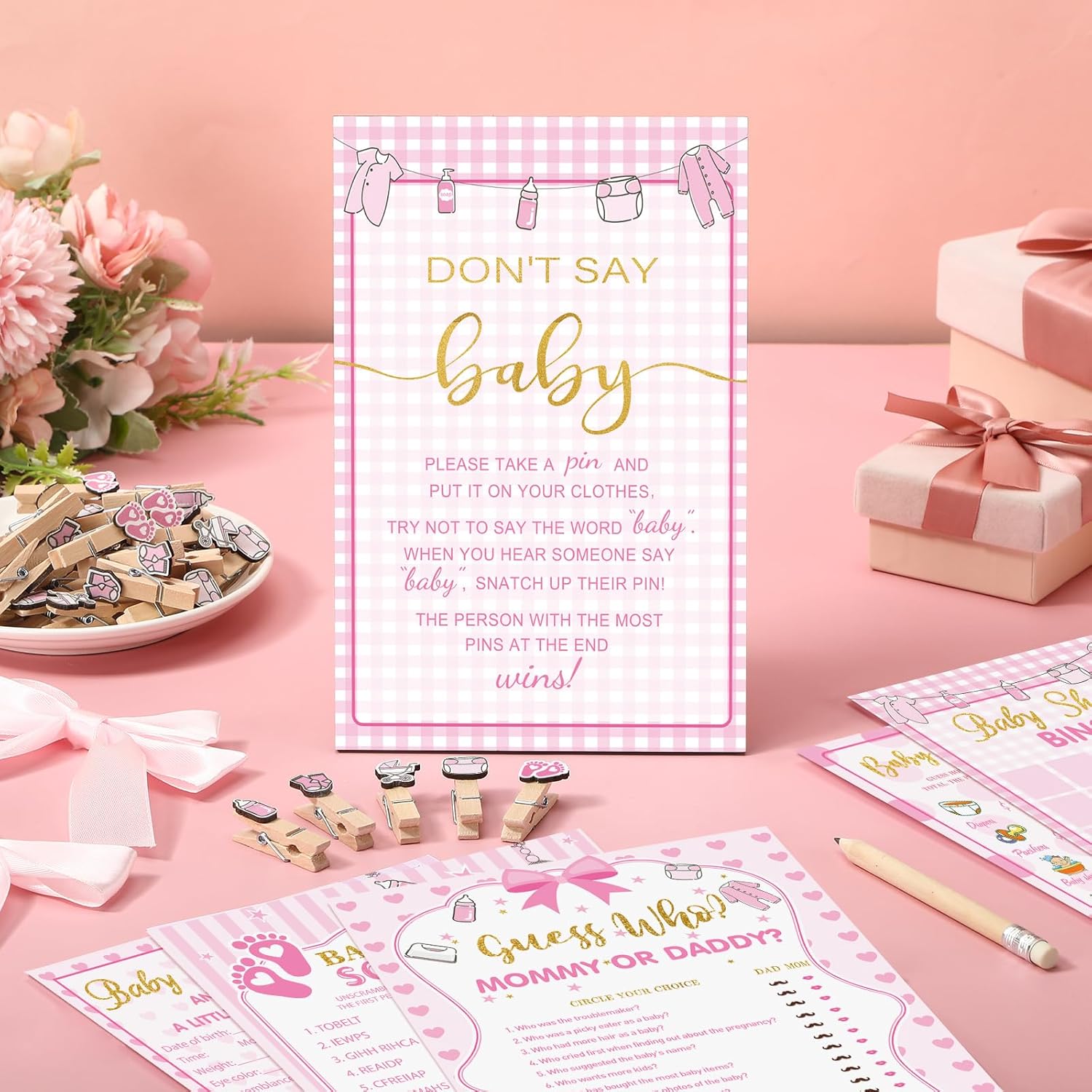 321 Pcs Pink Baby Shower Games For Girl 5 Games Baby Shower Bingo Word Scramble Description And Well Wishes The Price Is Right Guess Who Mom Or Daddy Don'T Say The Word Clothespin Pencil