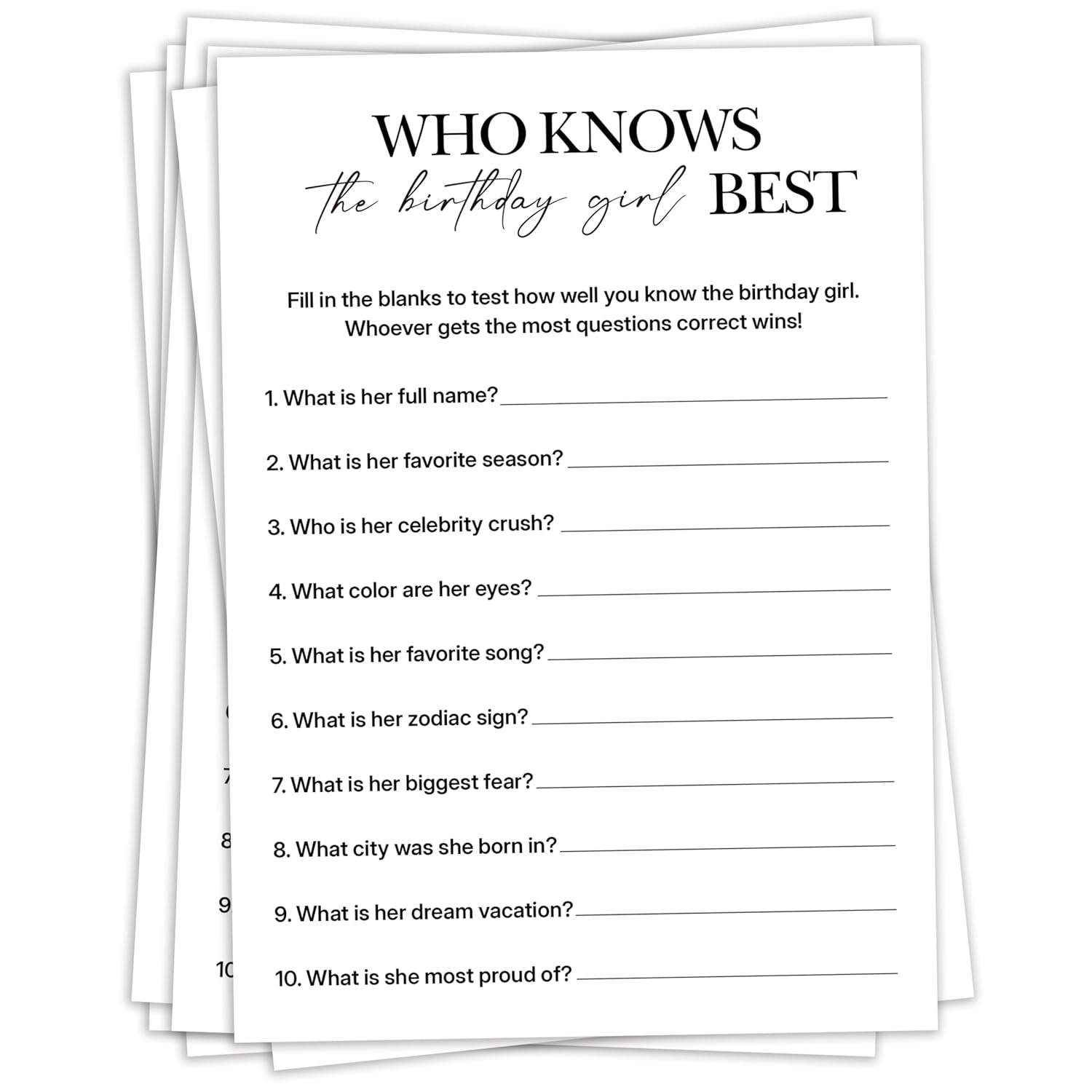 Birthday Party Games, Who Knows Her Best, 25 Pcs Card Set For Guests, Fun Birthday Game For Teen Adults – A05