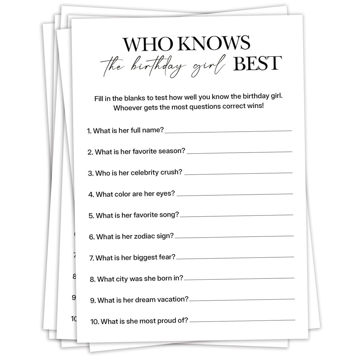 Birthday Party Games, Who Knows Her Best, 25 Pcs Card Set For Guests, Fun Birthday Game For Teen Adults – A05