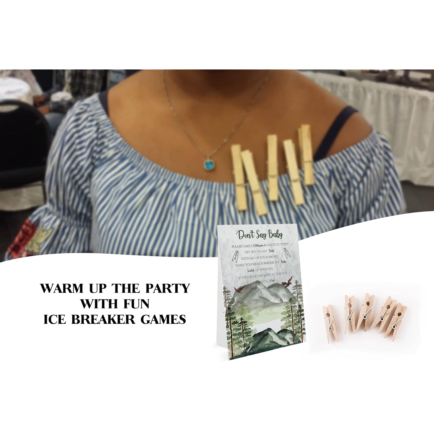 Adventure Don'T Say Baby Game (1 Sign And 50 Mini Natural Clothespins? Don'T Say Baby Baby Shower Game, Baby Shower Decorations, Baby Shower Games Gender Neutral, Forest Mountain Baby Shower (Ds09)