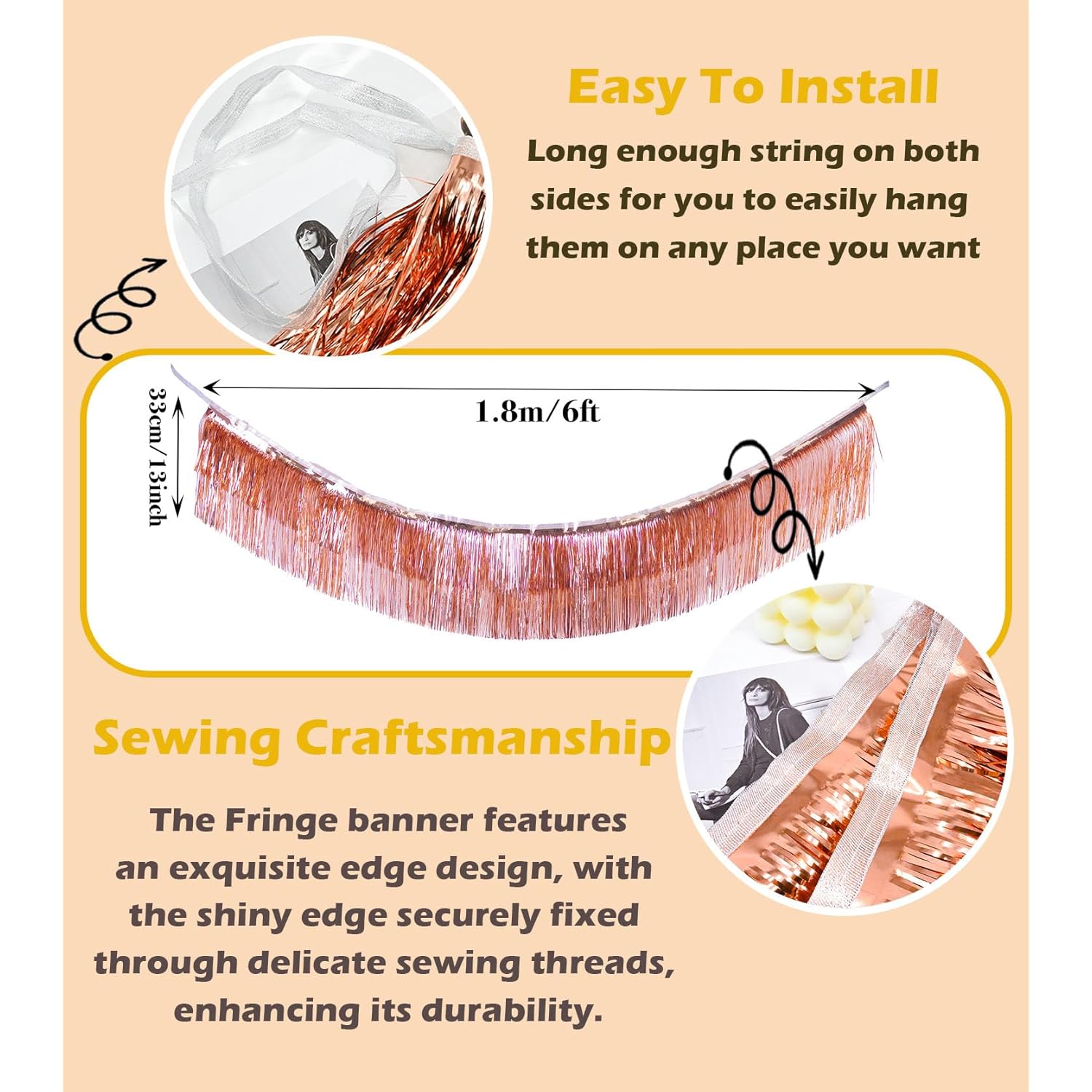 2 Pack Shiny Rose Gold Foil Fringe Garland-4 Layers Thick | Metallic Tinsel Streamers Backdrop Wall Hanging Fringe Banner For Wedding Christmas Decoration Home Hanging Parade Floats