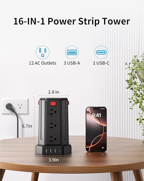 Power Strip Tower 12 Outlets 4 USB Ports 1 USB C 6.5FT Extension Cord Charging Station