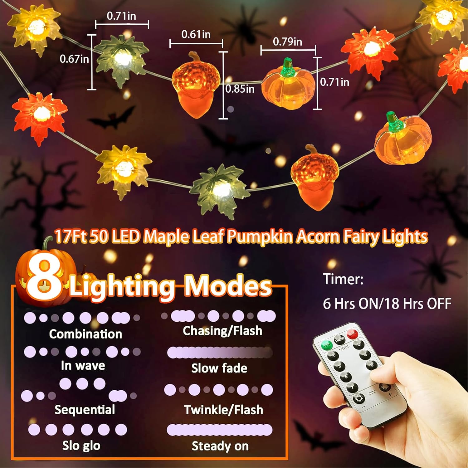 Fall Decor 3D Pumpkin Acorn Maple Leaves String Lights- 17Ft 50 Led Thanksgiving Fairy Lights Battery Operated With Time