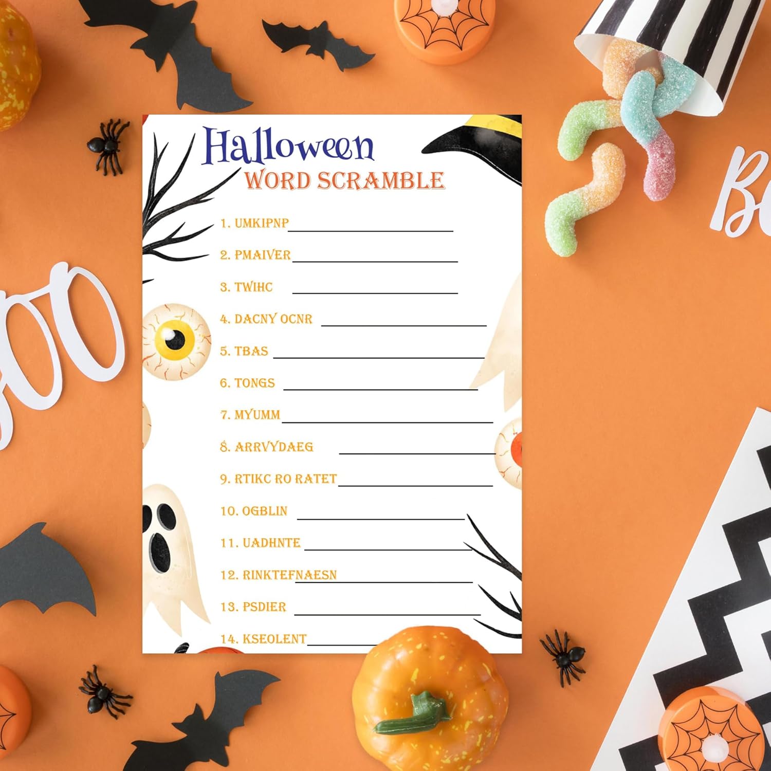 Halloween Party Games 129Pcs Halloween Card Games For Adults/Teens Word Scramble Word Search Candy Trivia Card Games For Halloween Birthday Party Activity Classroom Ice Breaker