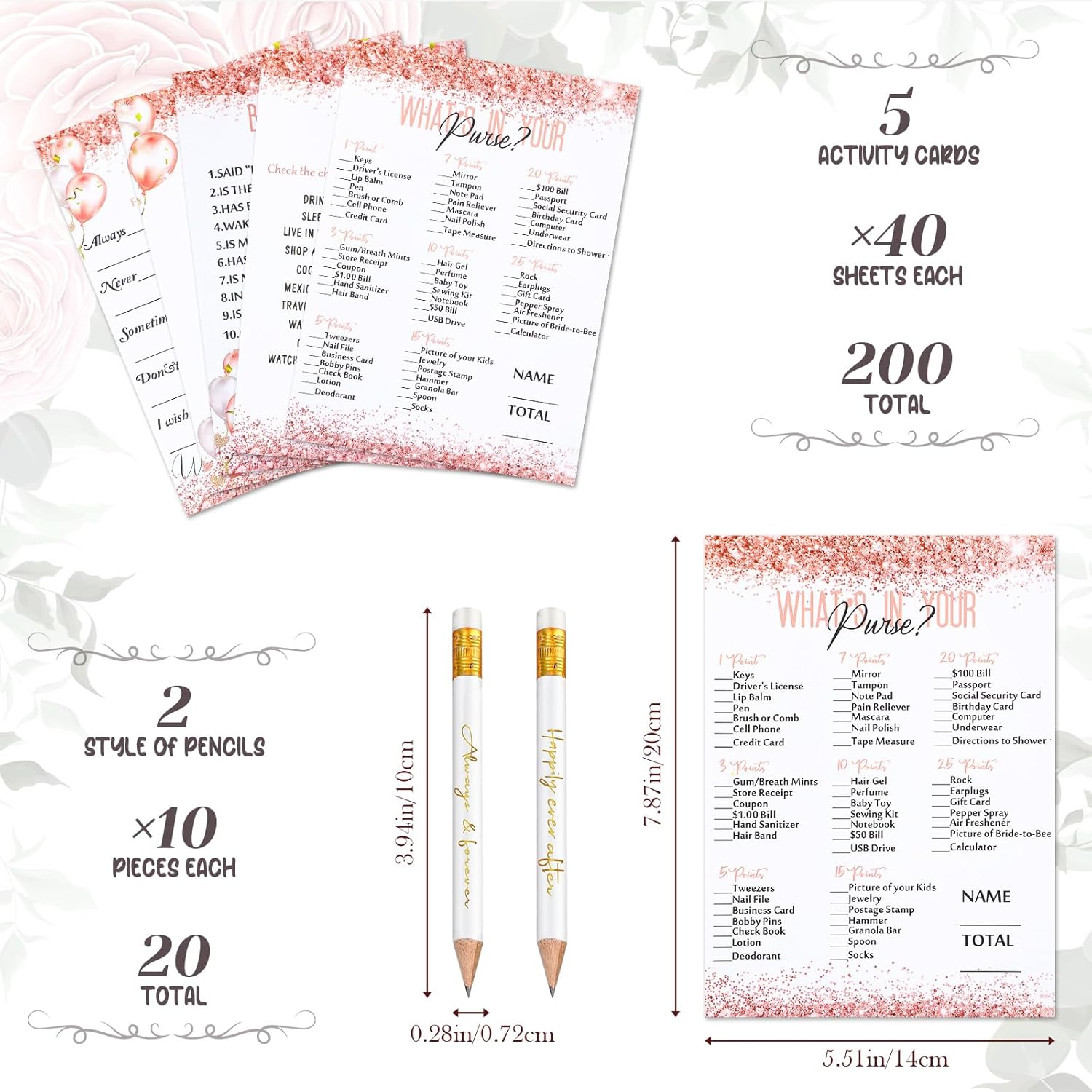 220 Pieces Bridal Shower Game Set 5 Sets (40 Cards Each) Wedding Game Cards And 20 Pieces Pencils Printed Words Editable Bride Groom Wedding Bachelorette Engagement Party Supplies(Pink Balloon)