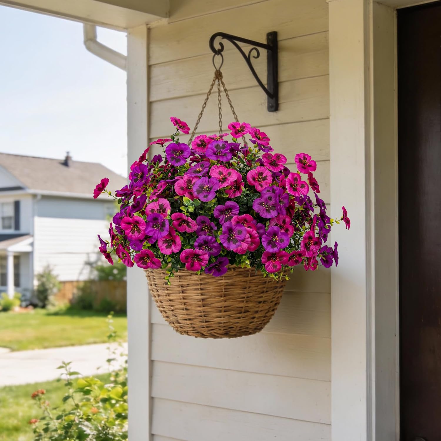 12 Piece Outdoor Artificial Flowers Fake Pansies -Two-Tone Faux Flowers Per Stem, Uv Resistant For Indoor Outdoor Porch Garden Planters Patio Window Box Home Decor(Light Purple Fuchsia)