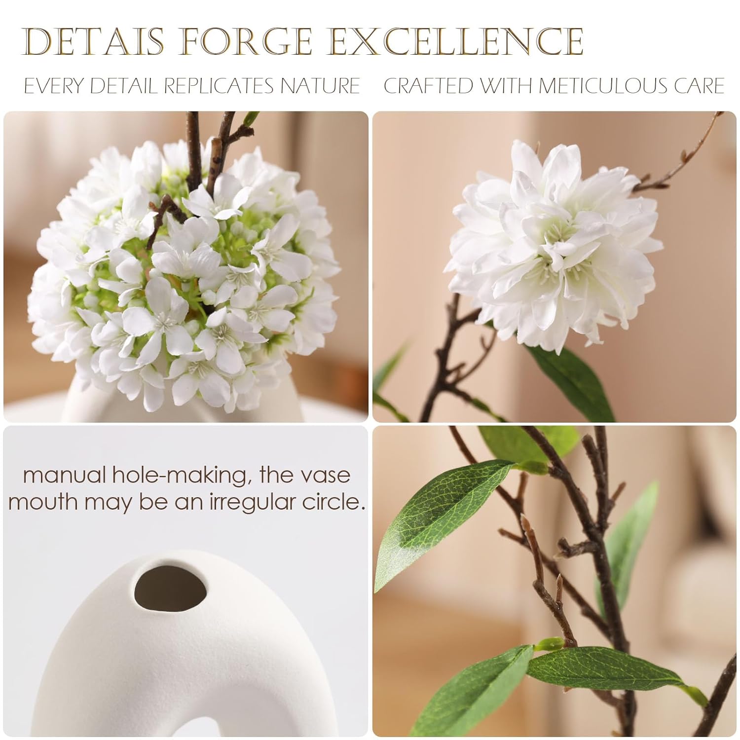Fake Flower Bouquet And Vase Set, Faux Flower Arrangement For Decorating Living Room And Offices, Realistic Artificial Flowers Made Of Silk & Plastic, Floral Decoration With White Blossoms