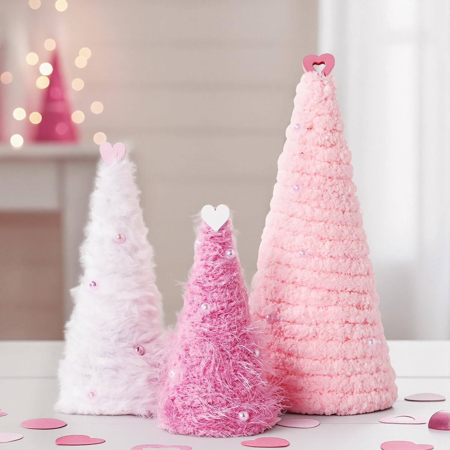 Valentines Day Table Decor Decorations: 3Pcs 10.5" 8" 6" Pink White Plush Fur Cone Valentine Trees With Pearls Heart Topper, Valentine Indoor Decor For The Home Tiered Tray Gift For Her