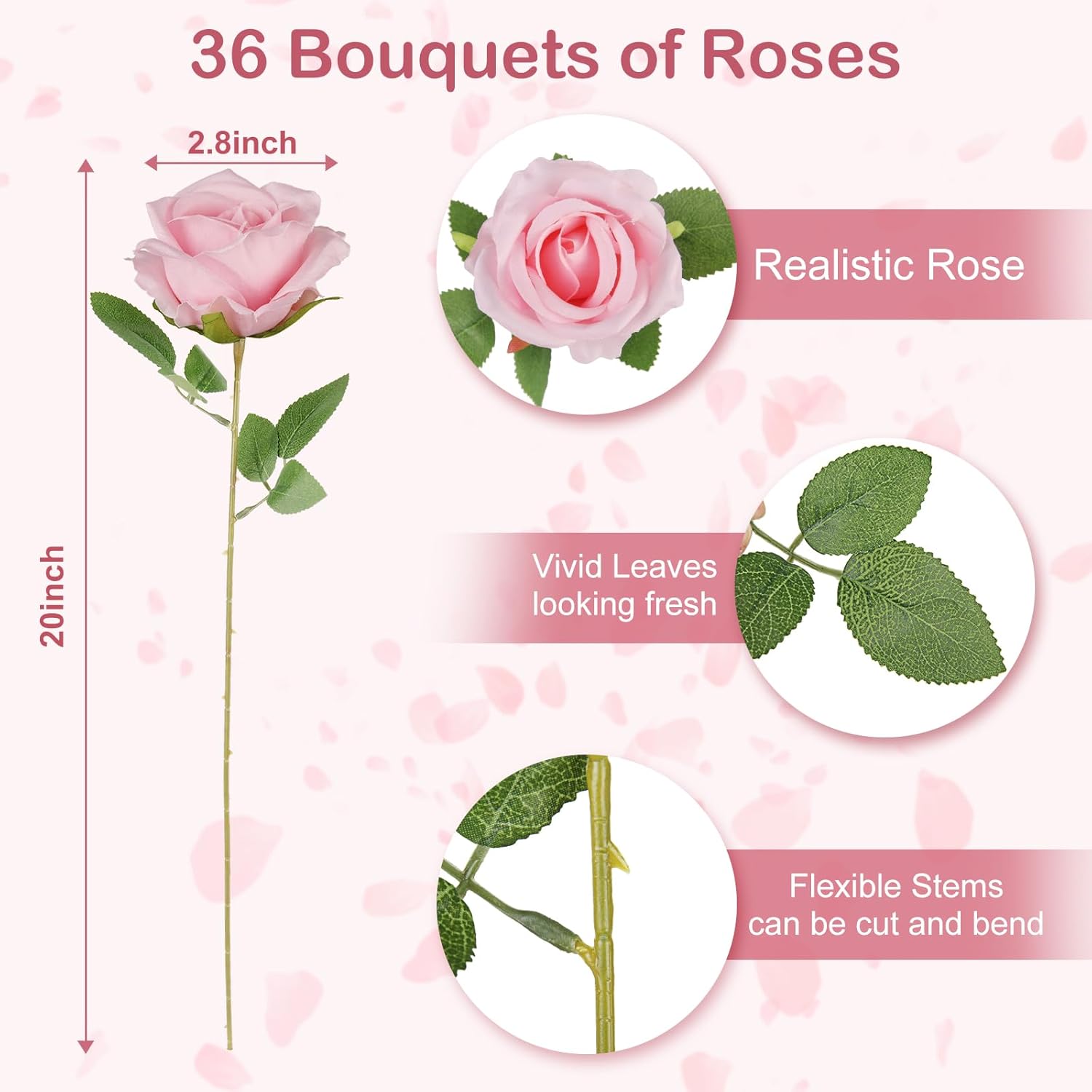 36Pcs Fake Roses Artificial Silk Flowers Artificial Roses With Long Stems - Pink Roses Faux Silk Roses Bulk, Realistic Roses Bouquet For Home Wedding Centerpieces Decoration Party Decor